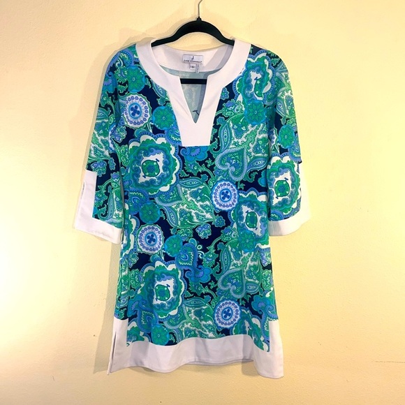 NWOT Jude Connally Small Paisley Tunic Dress Green Blue White Trim